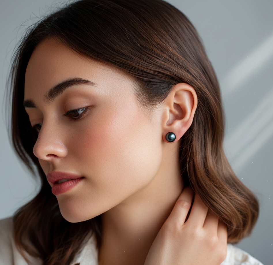 Close-up portrait of a woman wearing a black pearl sterling silver earring against a neutral background.
