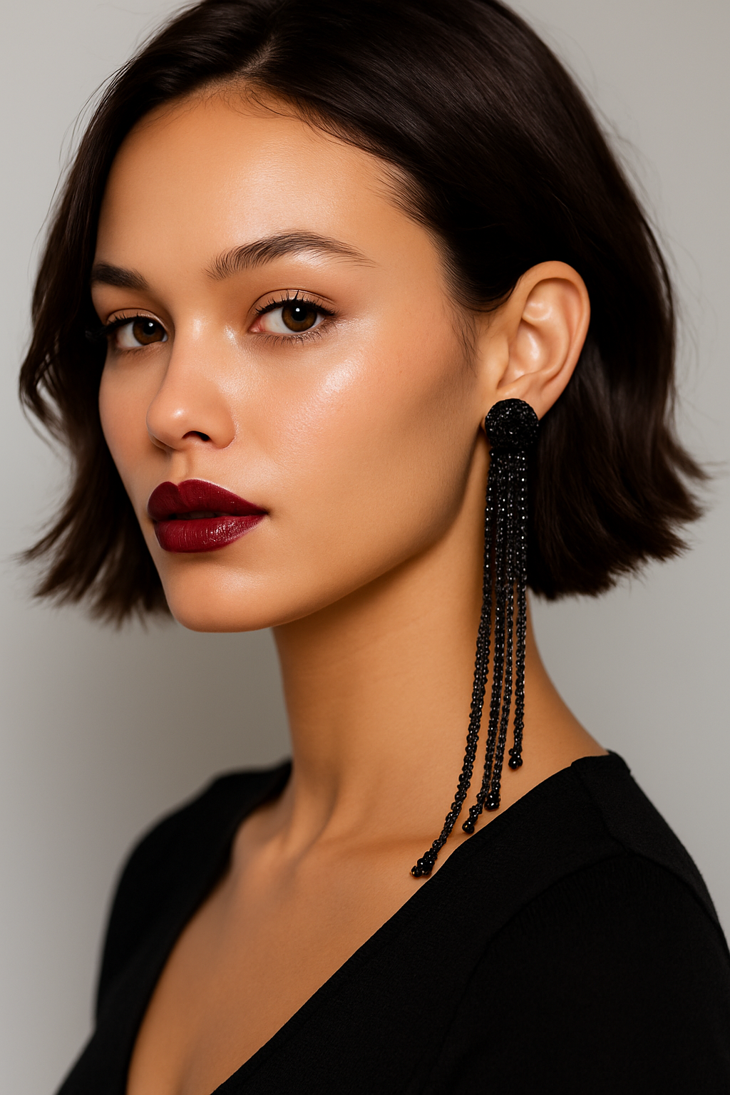 Woman wearing Black Long Rhinestone Tassel Dangle Earrings against a neutral background