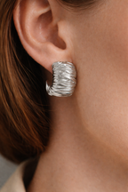 Silver Textured Huggie Earrings – Sculptural Wrapped Statement Hoops
