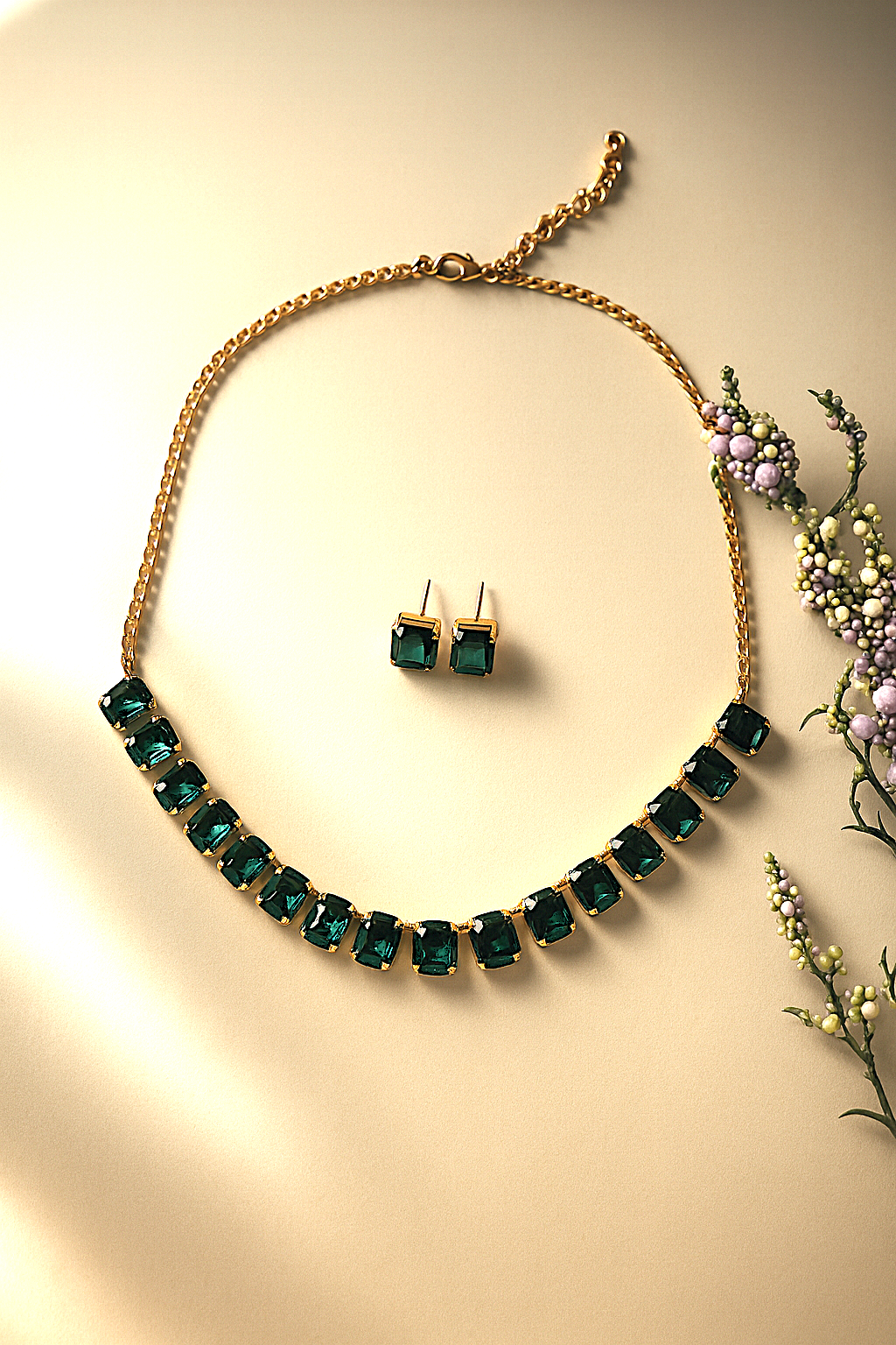 Closeup of Emerald  Crystal Single-Line Necklace Set with Earrings