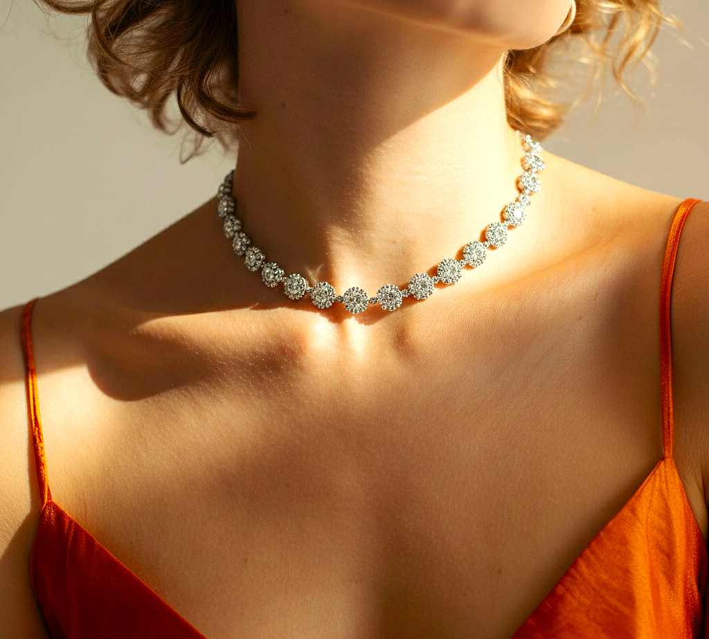 Close-up of a woman wearing a sparkling diamond necklace with an orange top.