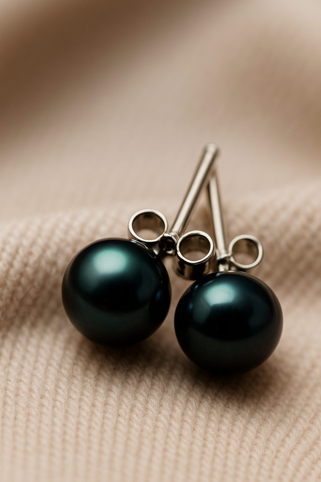 Sterling Silver Black pearl earrings displayed on a beige cloth background.