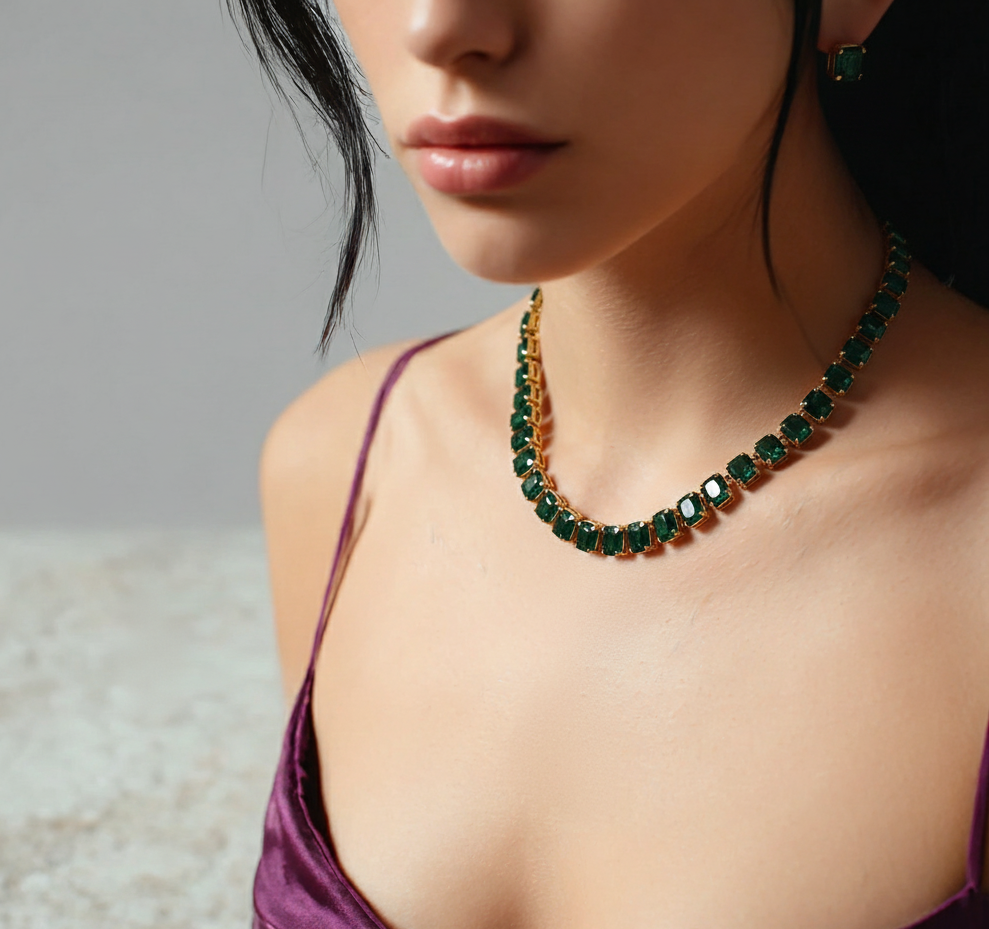 Woman wearing Emerald  Crystal Single-Line Necklace Set with Earrings