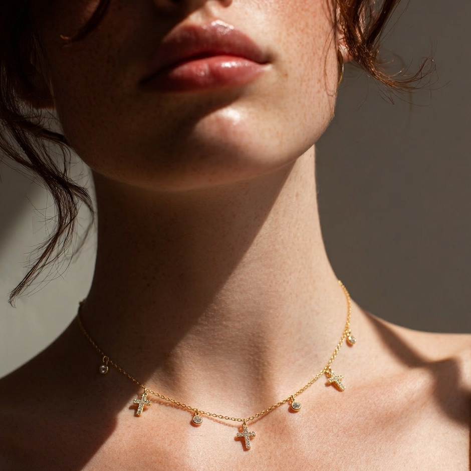 Dainty Gold Cross Charm Necklace – Minimalist Layering Chain