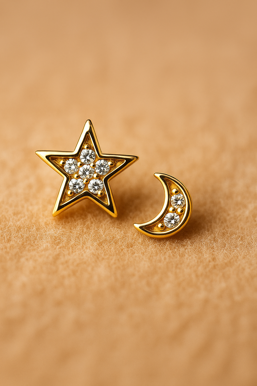 Gold star and moon earrings with CZ accents on a beige background