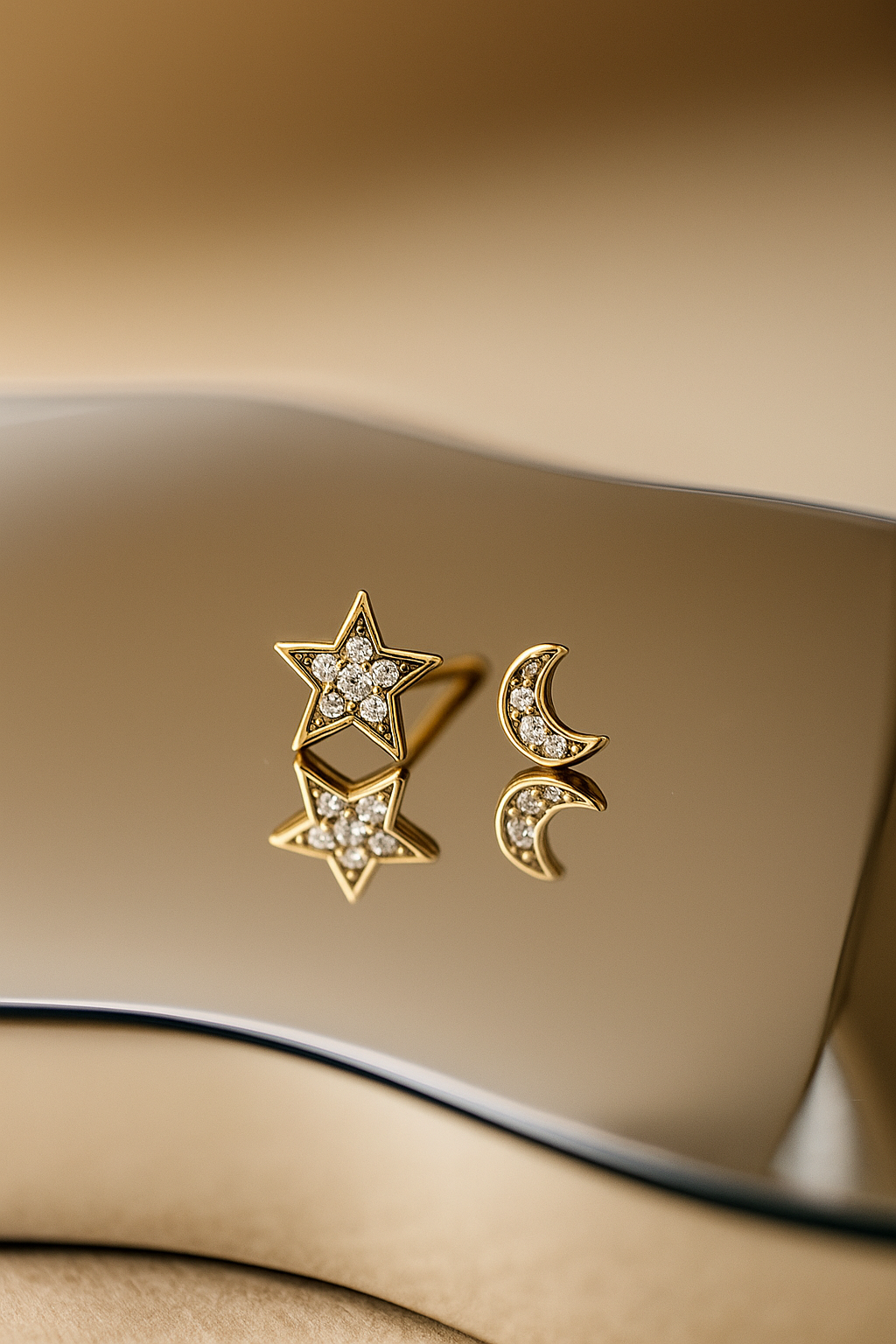 Celestial gold star and moon earrings on a neutral beige surface.