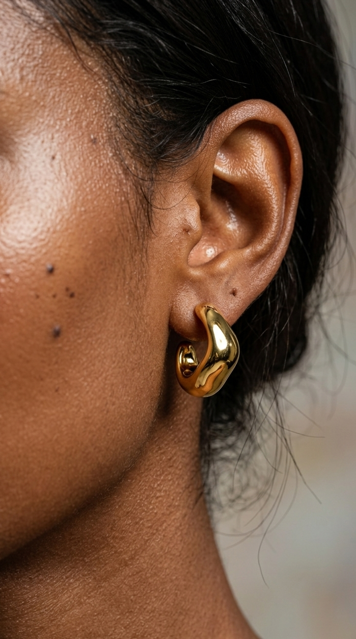 Gold chunky huggie earrings with smooth dome finish, minimalist sculptural hoop design