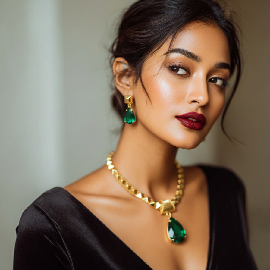 Woman wearing a gold necklace and green earrings with a blurred background