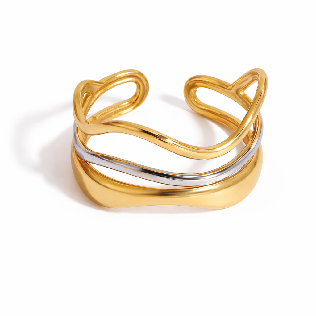 Two-tone gold and silver minimalist wave adjustable ring in stainless steel, lightweight modern open ring design