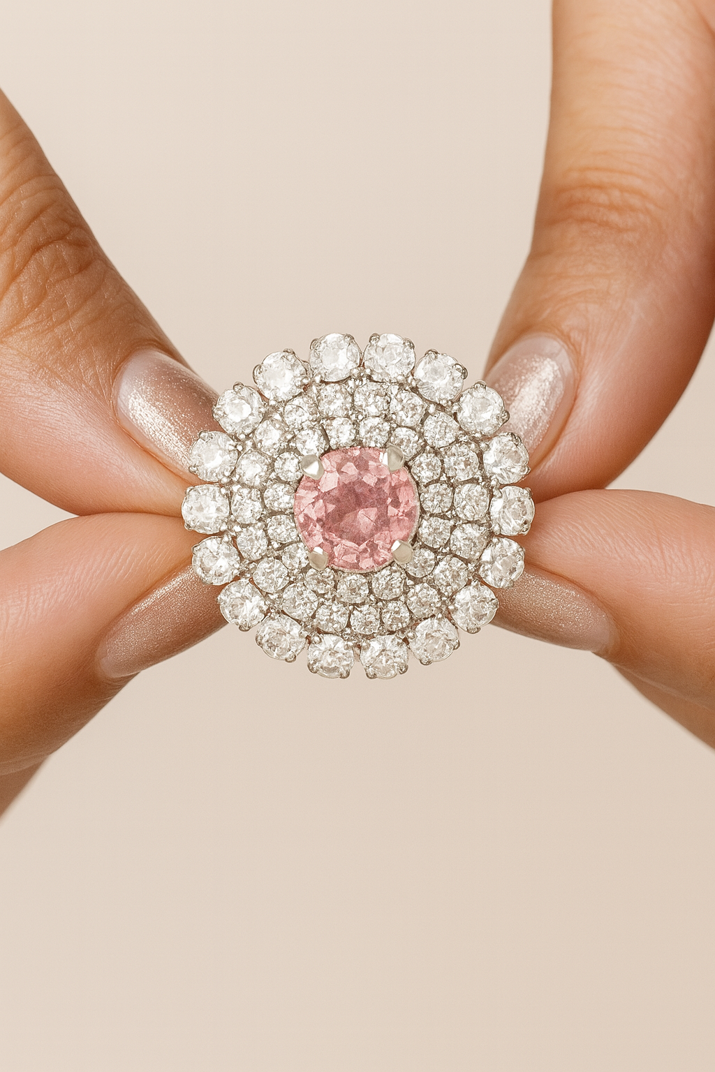 Close-up of a ring with a pink gemstone and diamond surround held between fingers.