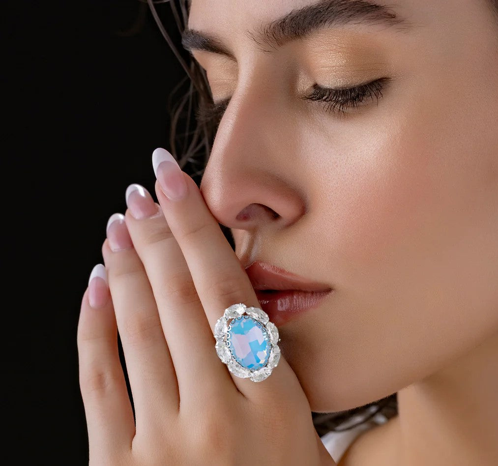 Closeup of woman wearing Rainbow Glow Opal Statement Ring (Adjustable)