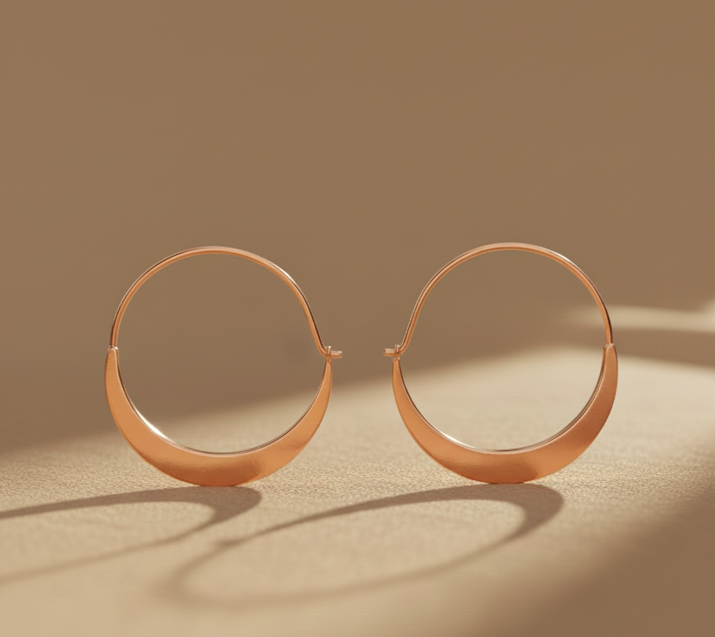 Pair of rose gold hoop earrings on a beige background