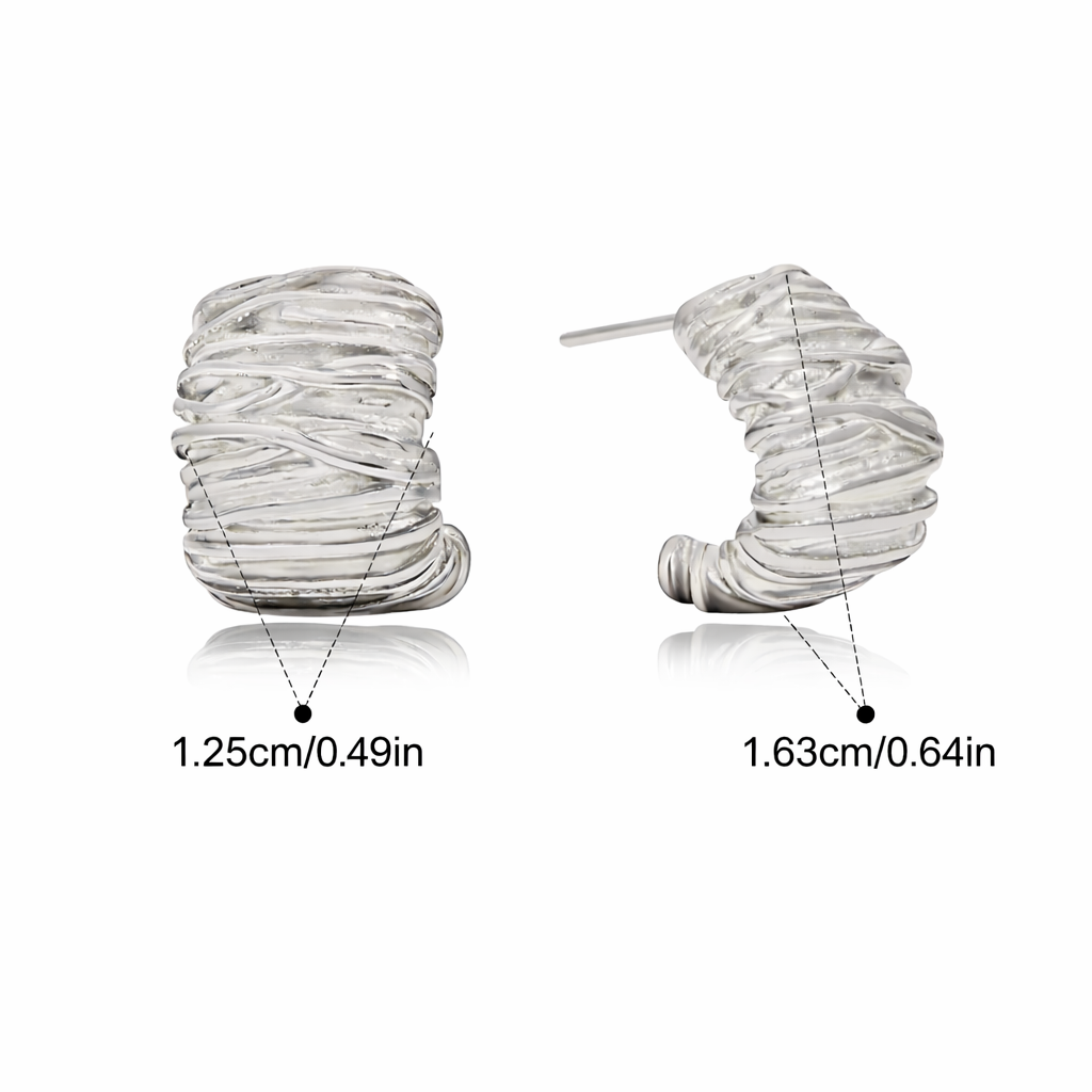 Pair of Silver textured huggie earrings with layered wrapped design, sculptural statement jewelry