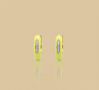 Pair of neon yellow hoop earrings with embedded  on a beige backgroundZ