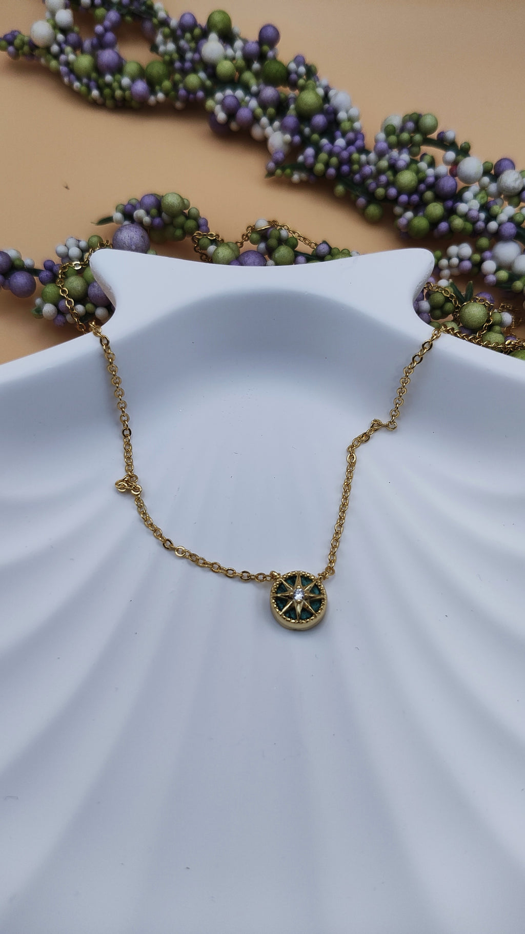 Close up of Sterling Silver Gold Vermeil CZ Mini North Star Necklace – Malachite