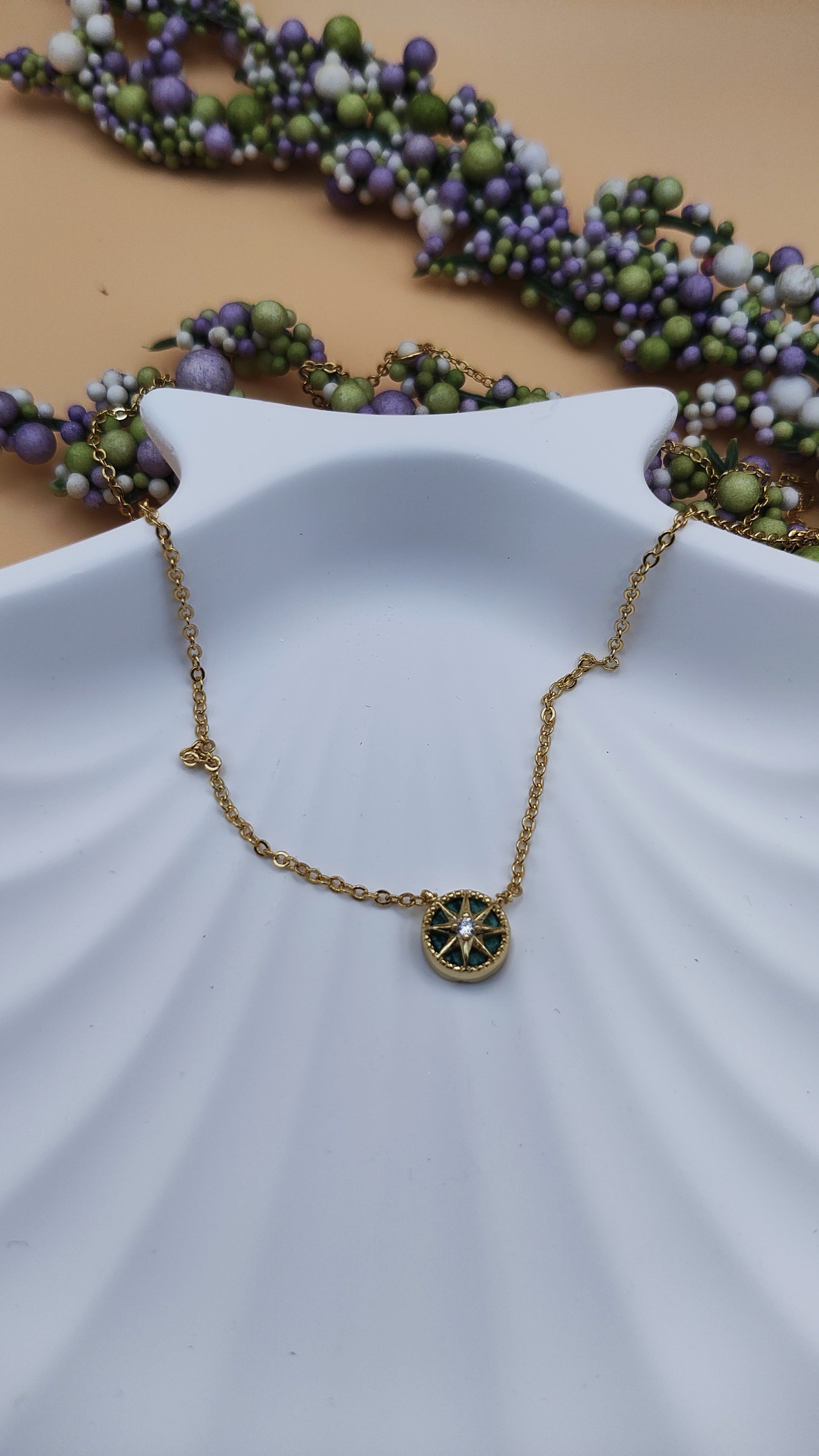 Close up of Sterling Silver Gold Vermeil CZ Mini North Star Necklace – Malachite