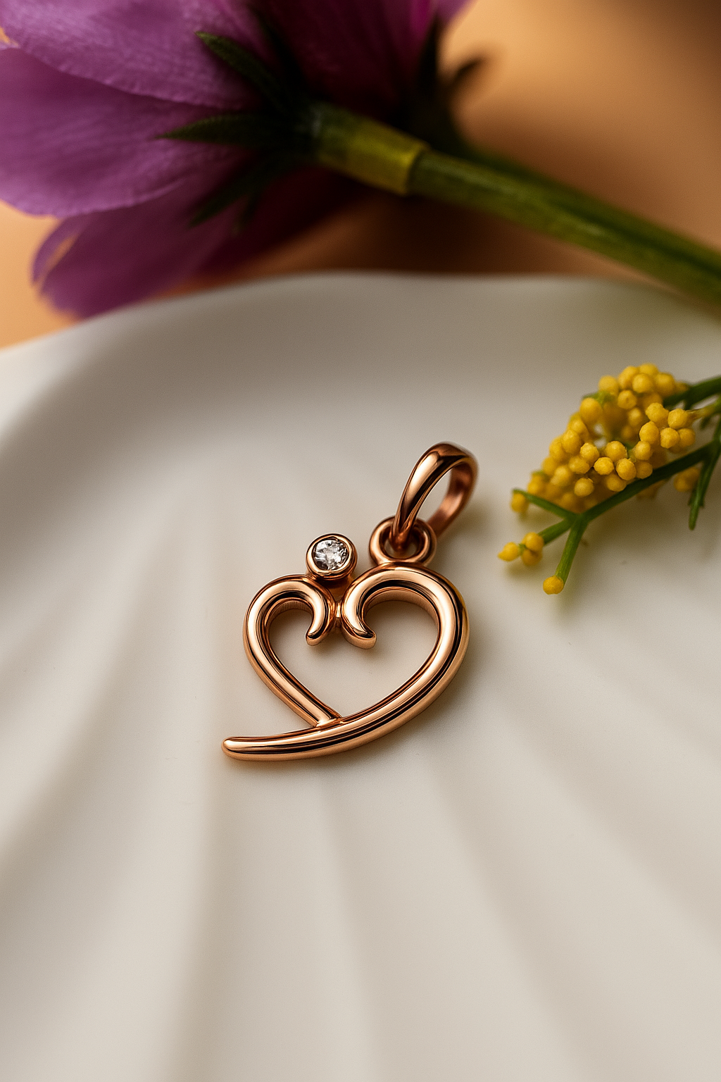 Rose gold heart-shaped pendant with a small CZ on a white surface with flowers in the background