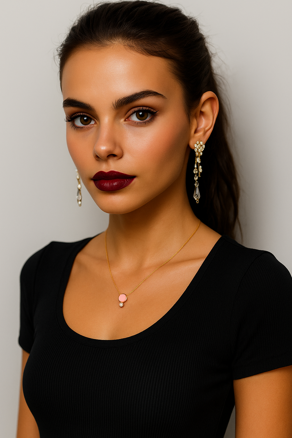 Woman wearing Sterling Silver Rose Gold Vermeil Rose Quartz with CZ and Mini Bezel Necklace