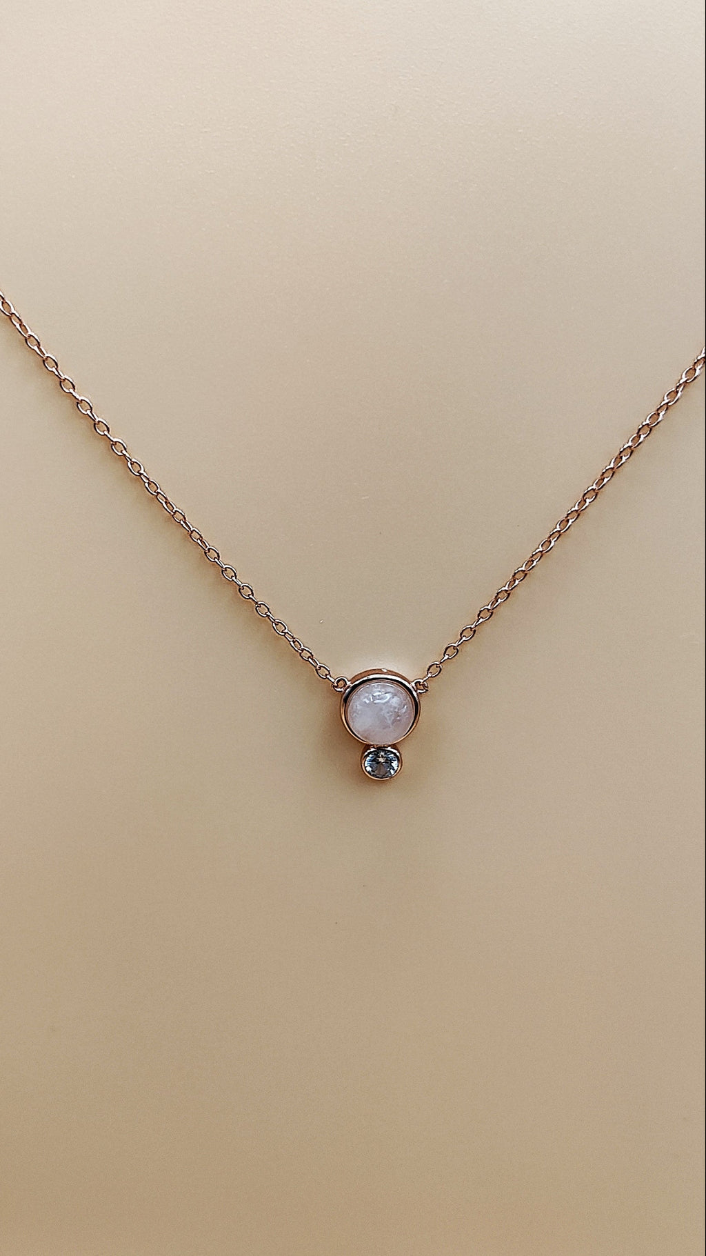 Woman wearing Sterling Silver Rose Gold Vermeil Rose Quartz with CZ and Mini Bezel Necklace