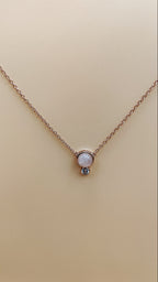 Woman wearing Sterling Silver Rose Gold Vermeil Rose Quartz with CZ and Mini Bezel Necklace