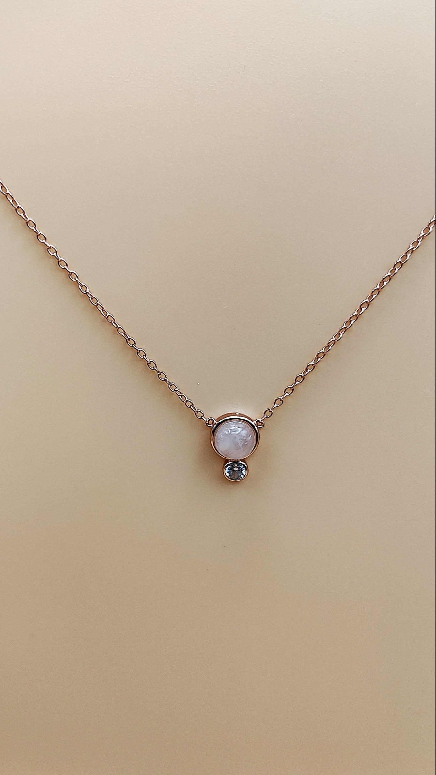 Woman wearing Sterling Silver Rose Gold Vermeil Rose Quartz with CZ and Mini Bezel Necklace