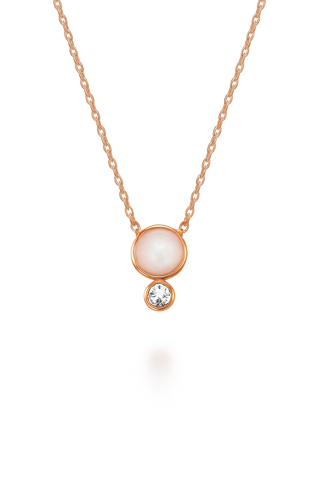 Sterling Silver Rose Gold Vermeil Rose Quartz with CZ and Mini Bezel Necklace on white background