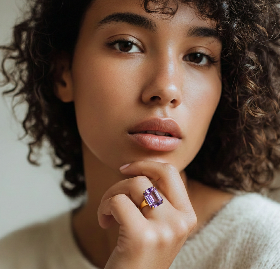 Woman wearing a ring with a purple tanzanite crystal