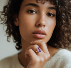 Woman wearing a ring with a purple tanzanite crystal