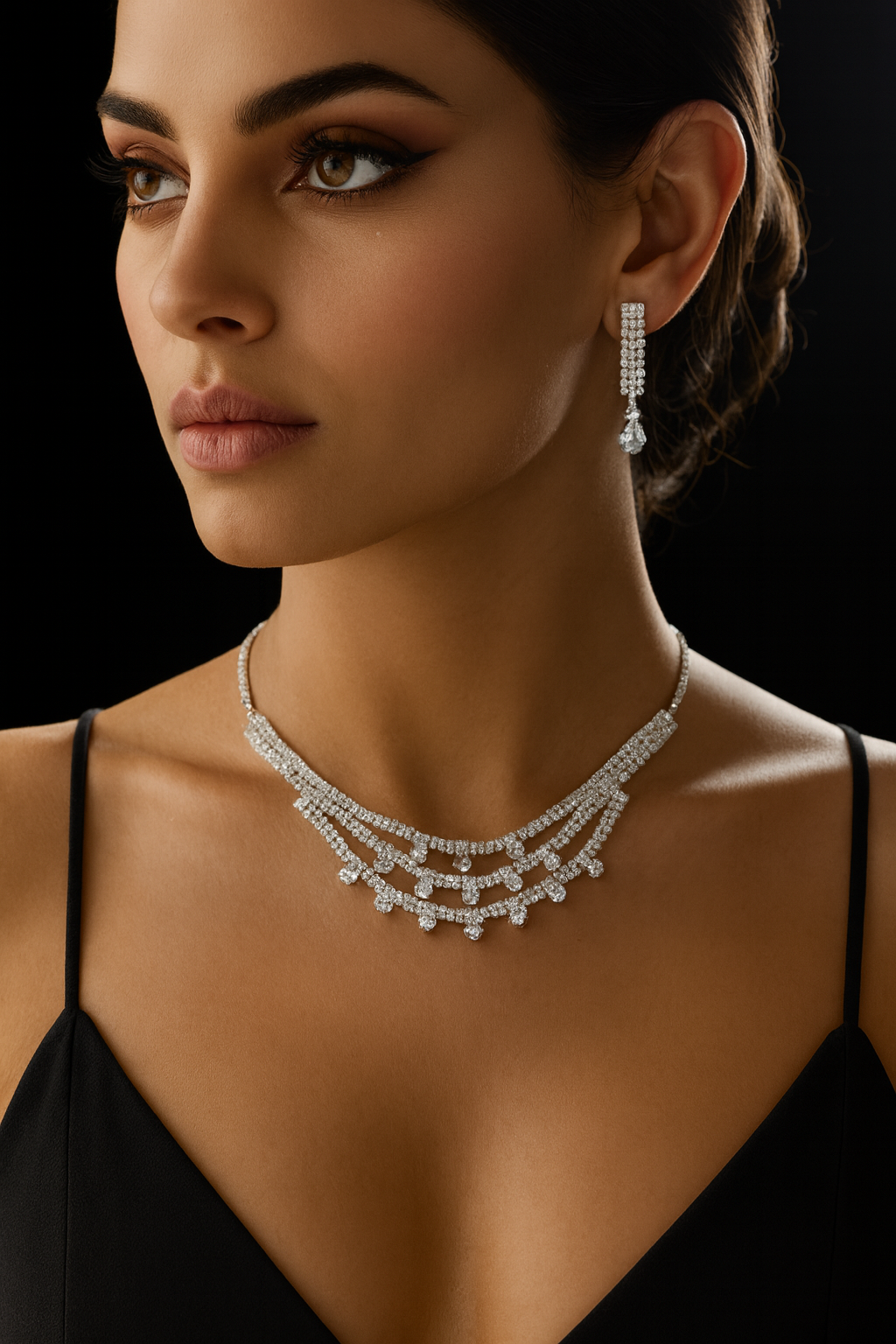 Woman wearing a sparkling Anti tarnish Triple Layered Rhinestone necklace and earrings against a black background