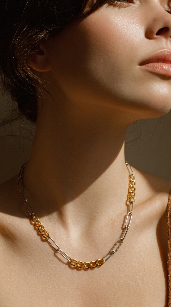 woman wearing Two-tone gold and silver paperclip chain necklace worn by model, minimalist stainless steel link necklace