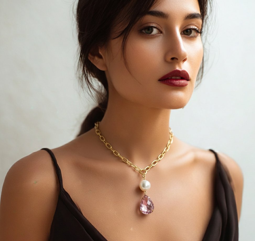 Woman wearing a gold necklace with a pearl and pink teardrop pendant against a neutral background