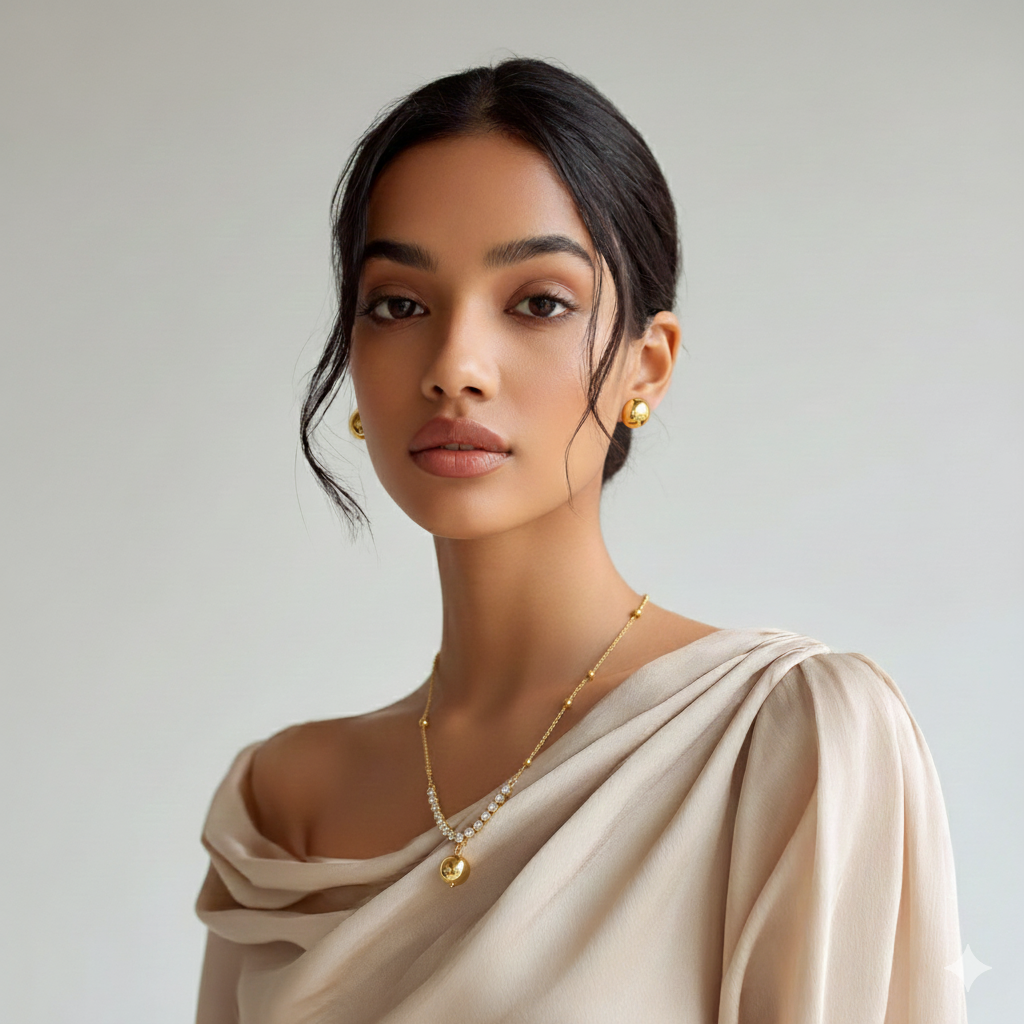 Woman wearing Gold-plated anti-tarnish ball pendant necklace with rhinestones.