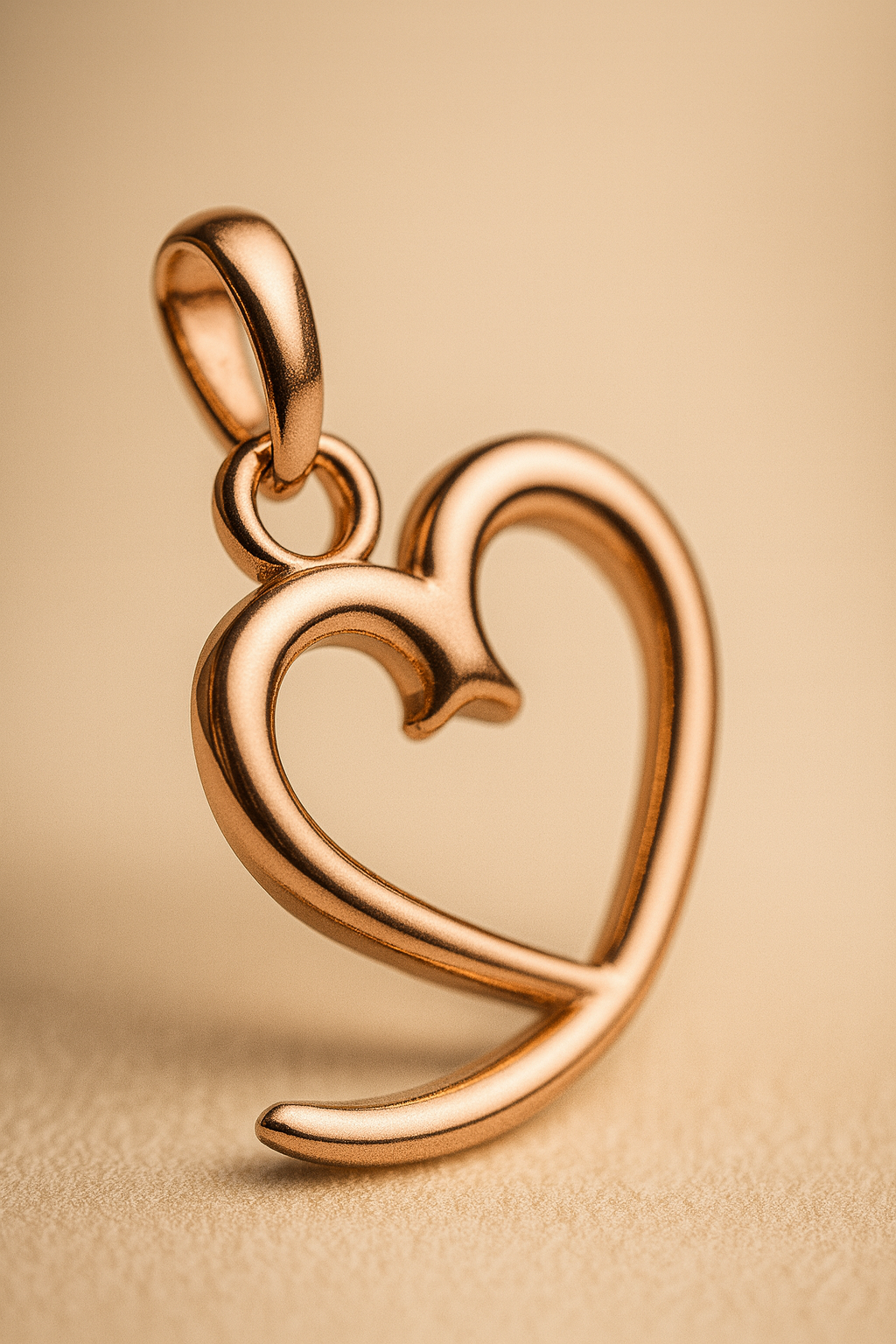 Rose gold heart-shaped pendant on a beige background