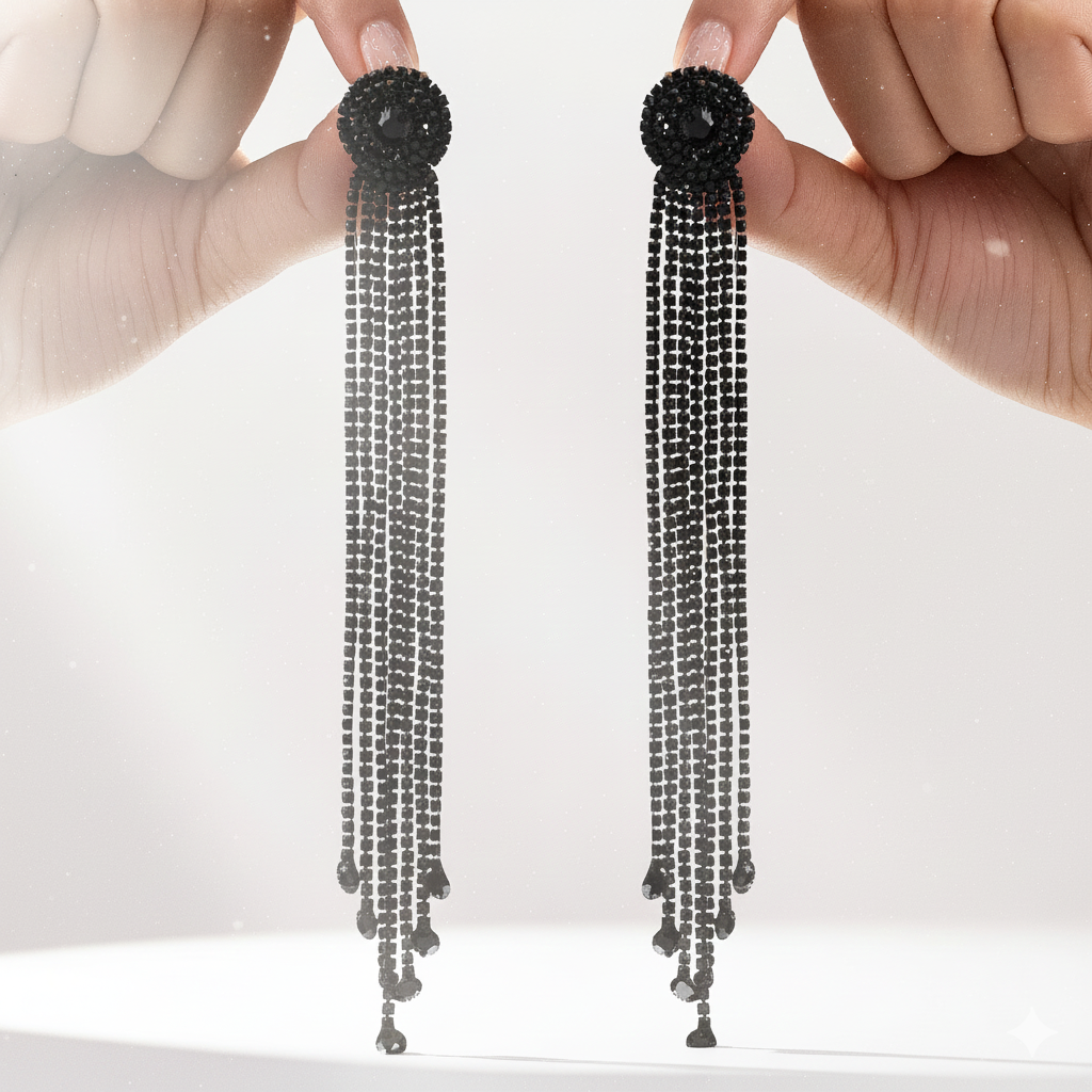 Black beaded tassel earrings held by a hand against a white background