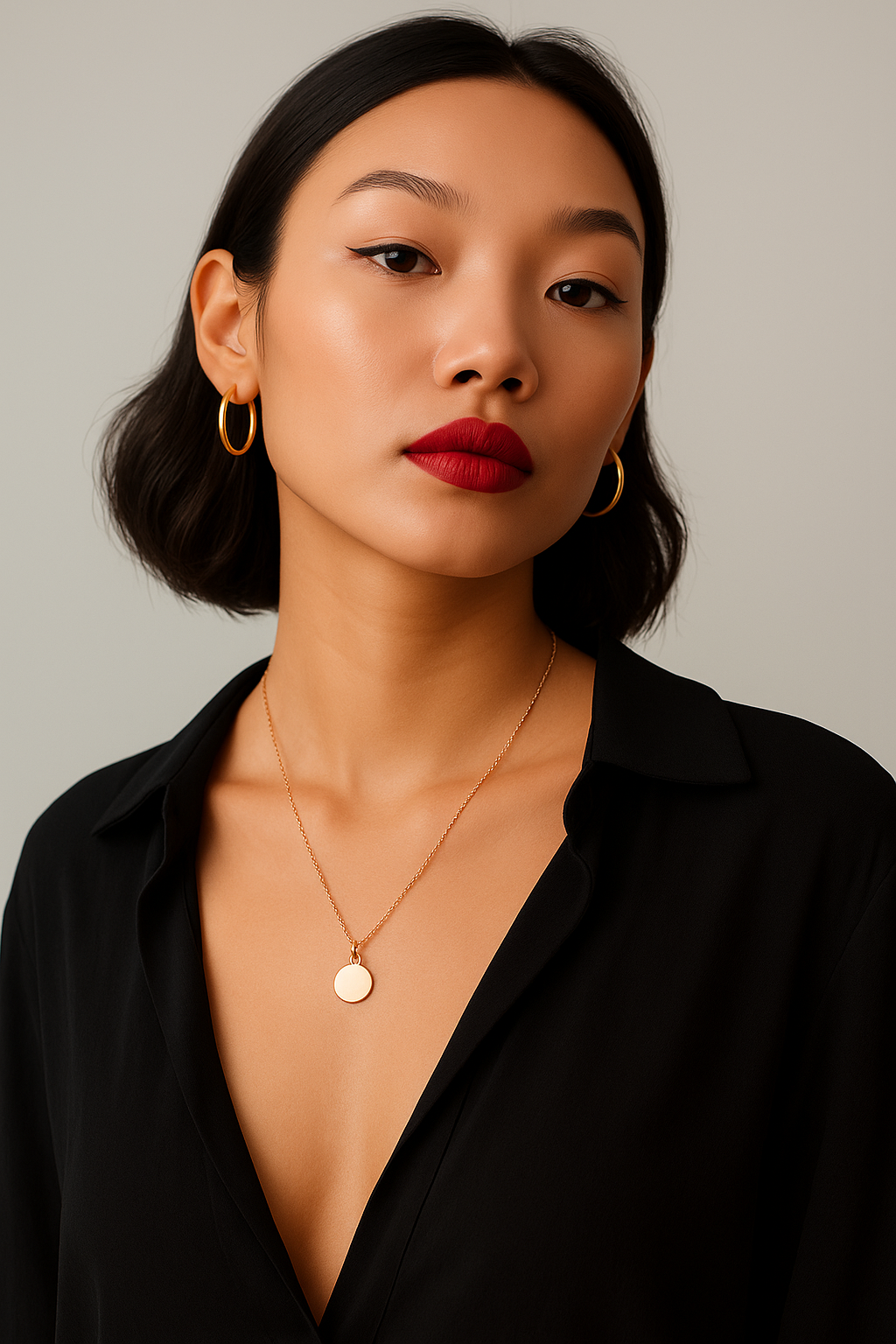 Women wearing round rosegold engravable pendant in sterling silver 