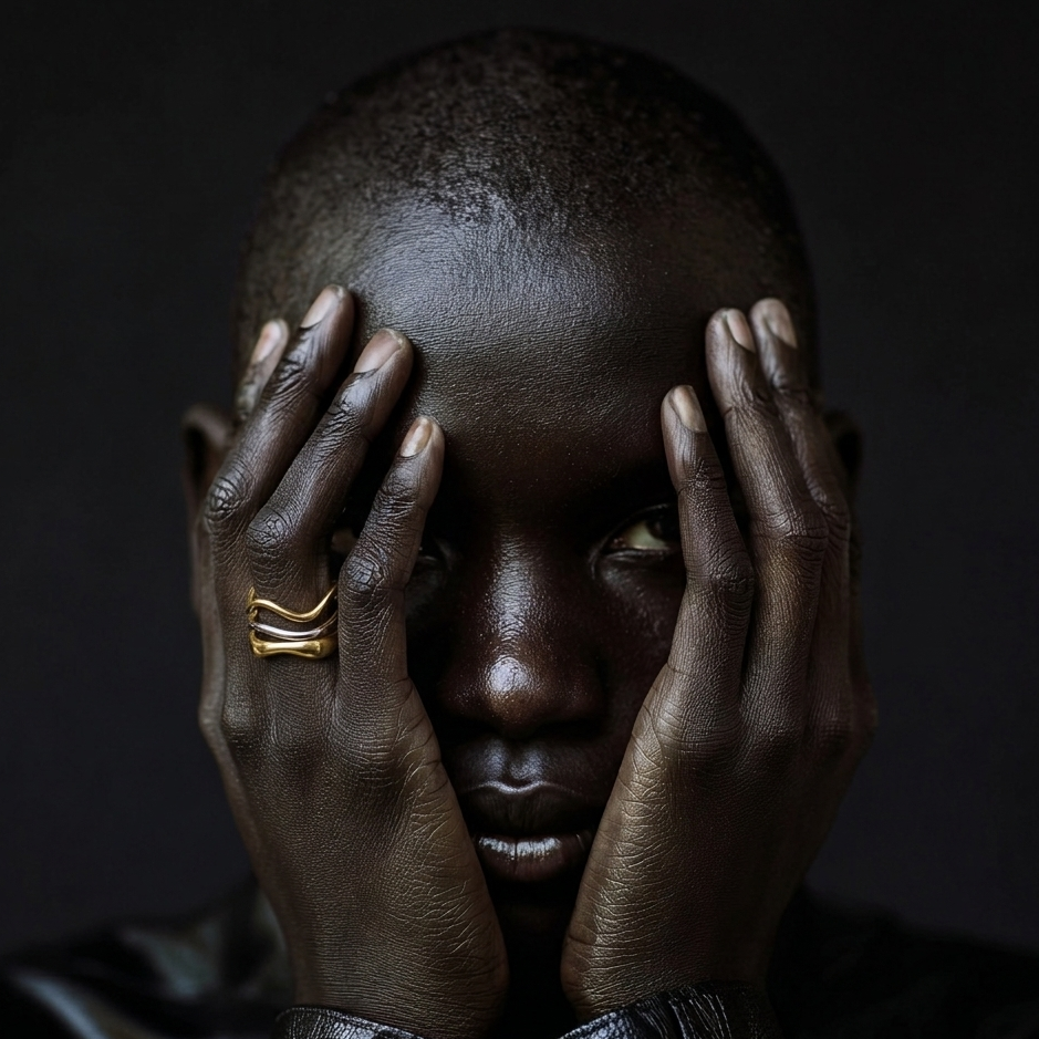 Woman wearing wavy two tone adjustable stainless steel ring. 